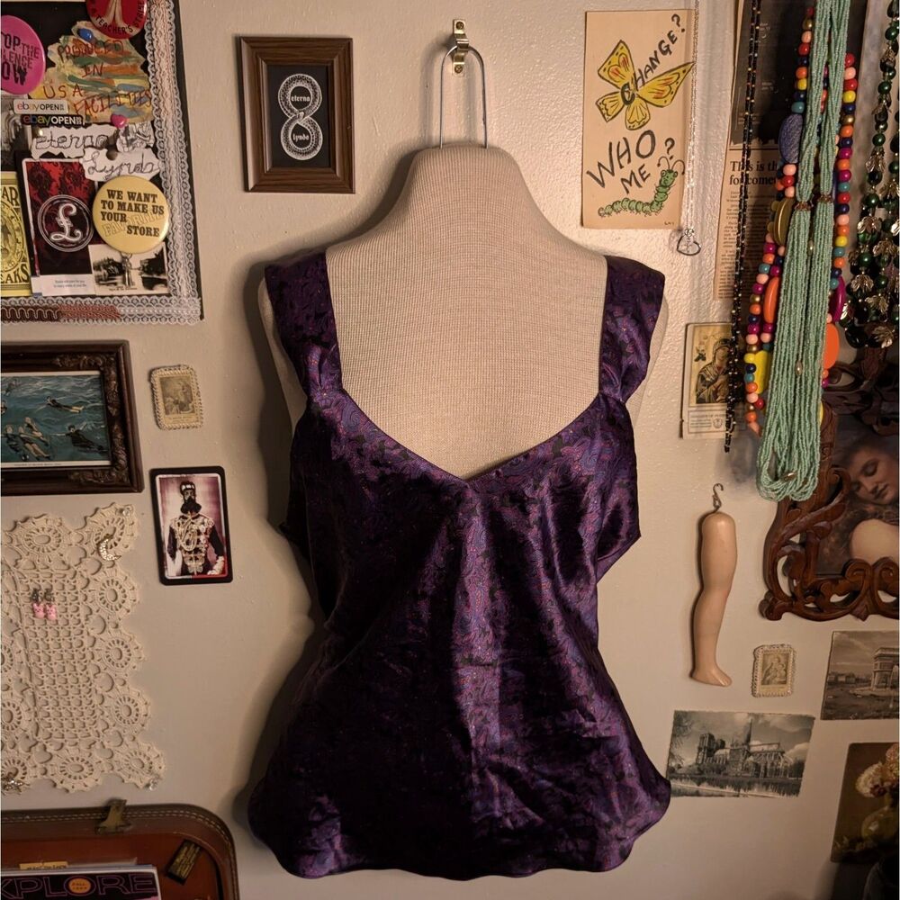 Vintage Paisley Print Satin Tank Top Blouse Women's Large Dark Purple